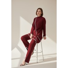 Newco Asimetrik Şerit Desenleri ve Paça Yırtmaç Detaylarıyla Modern Tasarım Triko Ikili Takım - Bordo