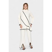 Newco Asimetrik Şerit Desenleri ve Paça Yırtmaç Detaylarıyla Modern Tasarım Triko Ikili Takım - Ekru