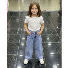 ERDEM KIDS Erdem Kıds Kız Çocuk Pamuklu Beli Lastikli Jean Pantolon Rahat Kalıp Geniş Bol Paça Yıldız Nakış Kot Pantolon