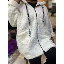 Kadın Kuzu Tedi Fermuarlı Kapüşonlu Buklet Ceket