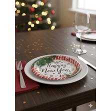 Dodomar 6'lı Paket Yılbaşı Temalı Lüks Kalın Karton Tabak - Happy New Year Gold Varaklı - Yılbaşı Sofrası Servis Tabağı