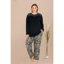 Umestyle Big Lady Lingerlie Homewear Dantel Detaylı Siyah Bej Desenli Ikili Pijama Takımı