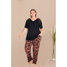 Umestyle Lady E Kısa Kollu V Yakalı Dantel Detaylı Siyah Kiremit Battal Beden Kadın Pijama Takımı