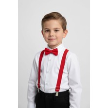 Merdia Kids Erkek Çocuk Uzun Kol Beyaz Gömlek ve Kırmızı Askı Papyon Takım