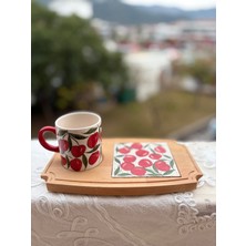 El Yapımı Kiraz Desenli Tek Kişilik Ahşap Sunumluk Fincan