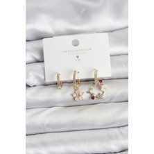 Nehir Çiçek Model Gold Renk Pirinç 3'lü Kadın Küpe Seti