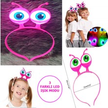Zero Land Ozlstor LED Işıklı &amp; Pilli 3 Farklı Modda Yanan Uzaylı Göz Parti Tacı Pembe Renk 18X12 cm