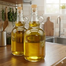 JUNIBELIW 2 Adet Boş Cam Şişe Yağdanlık Zeytin Yağı Ayçiçek Yağı Mantar Tıpalı Kulplu Galon Şişe 2X1000ML