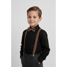 Merdia Kids Erkek Çocuk Uzun Kol Siyah Gömlek ve Kahverengi Askı Papyon Takım