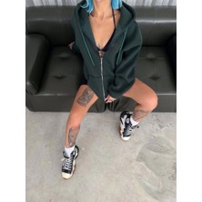 Mericline Oversize Tam Fermuarlı Uzun Kol Hırka - Haki