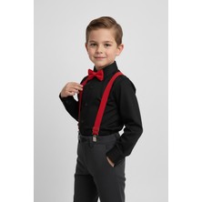Merdia Kids Erkek Çocuk Uzun Kol Siyah Gömlek ve Kırmızı Askı Papyon Takım