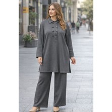 BezeXL Büyük Beden Düğmeli Örme Ikili Takım Gri