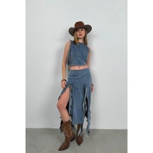 Mericline Fırfır Detay Denim Bluz