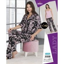 Umestyle Lady Lingerie Siyah Pembe Çiçek Desenli Biyeli Dümeli Gömlekli ve Askılı 3'lü Pijama Takımı