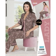 Umestyle Lady Kahve Rengi Çiçek Desenli Biyeli Düğmeli Gömlekli ve Askılı 3'lü Pijama Takımı