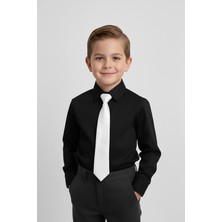 Merdia Kids Erkek Çocuk Uzun Kol Siyah Gömlek ve Beyaz Kravat Takım