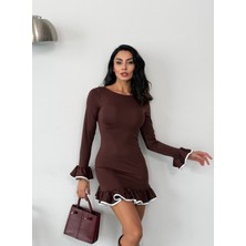 Hermoso Giyim Kadın Uzun Kollu Volanlı ve Biyeli Dalgıç Kumaş Mini Elbise HRM25-FRY123401