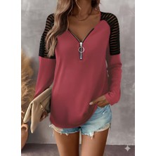 Mericline Kadın Uzun Kollu Yakadan Fermuarlı Viskon Bluz