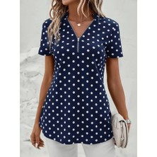 Mericline Kadın Kısa Kollu Yakadan Fermuarlı Puantiyeli Uzun Dokuma Viskon Bluz