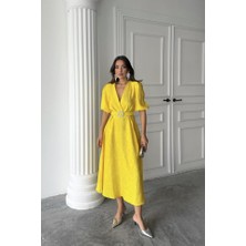 Mericline Sarı Işıltılı Kemerli Kruvaze Elbise