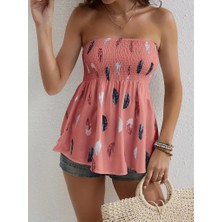 Mericline Kadın Yaprak Desenli Göğsü Gipeli Mosskrep Straplez Bluz