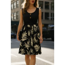 Mericline Kadın Askılı Yuvarlak Yaka Düğmeli Üst Viskon Alt Desenli Süprem Elbise