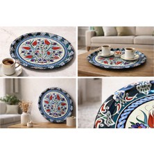 Atagift Hediyelik Çini Lale Desenli Metal Sunum Tepsisi – Klasik Lale Motifli, Yuvarlak 30 cm