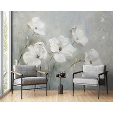 Grown Yağlı Boya Fırça Darbeleri Beyaz Çiçekli Duvar Kağıdı