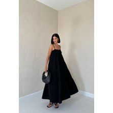 Mericline Siyah Askılı Parçalı Müslin Elbise