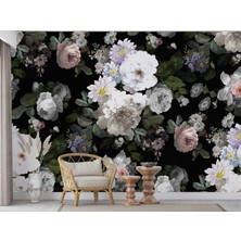 Grown Siyah Fon Üzerinde Çiçek Desenli Duvar Kağıdı