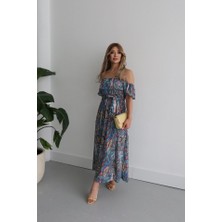 Mericline Kadın Kısa Kollu Madonna Yaka Fırfırlı Belden Yırtmaçlı Maksi Süprem Elbise