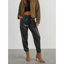 Mericline Kadın Yüksek Bel Lastikli Önü Düğmeli Deri Pantolon