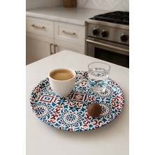 Atagift Hediyelik Akdeniz Esintili Mavi Tonlu Motiflere Sahip Metal Çay Kahve  Sunum Tepsisi – Yuvarlak 30CM