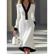 Mericline Kadın Uzun Kollu V Yakalı Düğmeli Midi Modal Elbise