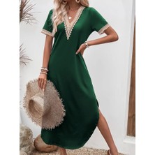 Mericline Kadın Kısa Kollu Dantel V Yakalı Uzun Viskon Elbise