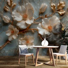 Grown Mermer Zeminde Altın Detaylı Beyaz Çiçekler Duvar Kağıdı