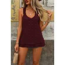 Mericline Kadın Dantel Askılı V Yakalı Sırtı Çapraz Detaylı Ponpon Bluz