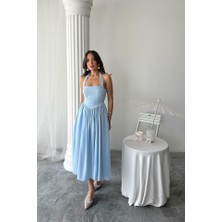 Mericline Mavi Boyundan Bağlamalı Keten Elbise