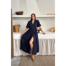 Mericline Lacivert Müslin Uzun Elbise