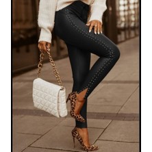 Mericline Kadın Yüksek Bel Yanlardan Incili Yırtmaçlı Uzun Deri Tayt