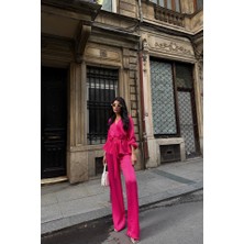 Mericline Saten Kruvaze Bağlamalı Bluz- Pantolon Takım - Fuşya