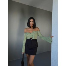 Mericline Gabardin Kısa Etek Cep Detaylı - Siyah