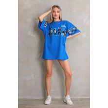 Mericline Unisex Bisiklet Yaka Baskılı Oversize T-Shirt - Mavi