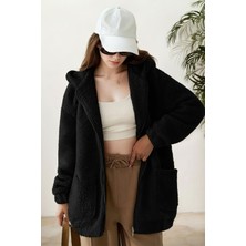 Hiramir Peluş Kuzu Kıvırcık Torba Cepli Kolej Mont Siyah KS2526