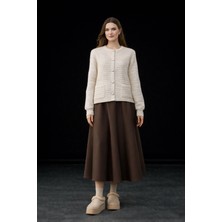 Studio Fashion 1988 Kadın Bej Bisiklet Yaka Örme Detaylı Triko Hırka