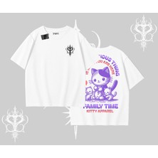 Family Time Yazılı Sevimli Anne Kedi Arka Baskılı Oversize Tshirt