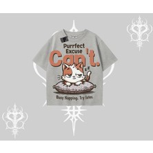 Kedi Baskılı Cant Busy Napping Y2K  Oversize Tshirt