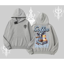 Coffee Meow Kahve Temalı Kedi Arka Baskılı Kapşonlu Sweatshirt