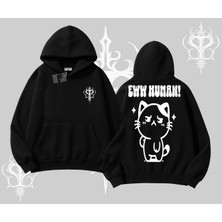 Sevimli Kedi Çizimli Arka Baskılı Kapşonlu Sweatshirt