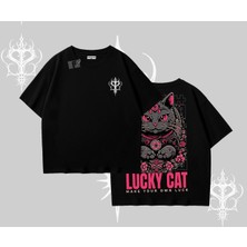 Lucky Cat Japon Tarzı Kedi Baskılı Oversize Tshirt